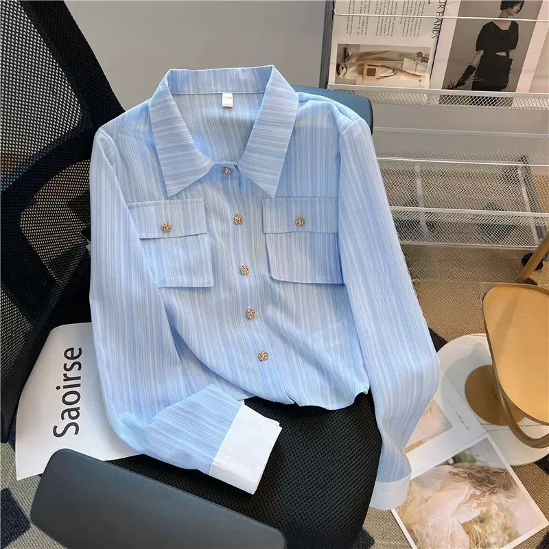 

Women 2024 Spring Summer New Striped Long Sleeve Shirt Female Turn-down Collar Blouses Ladies Single Breasted Loose Shirts E730