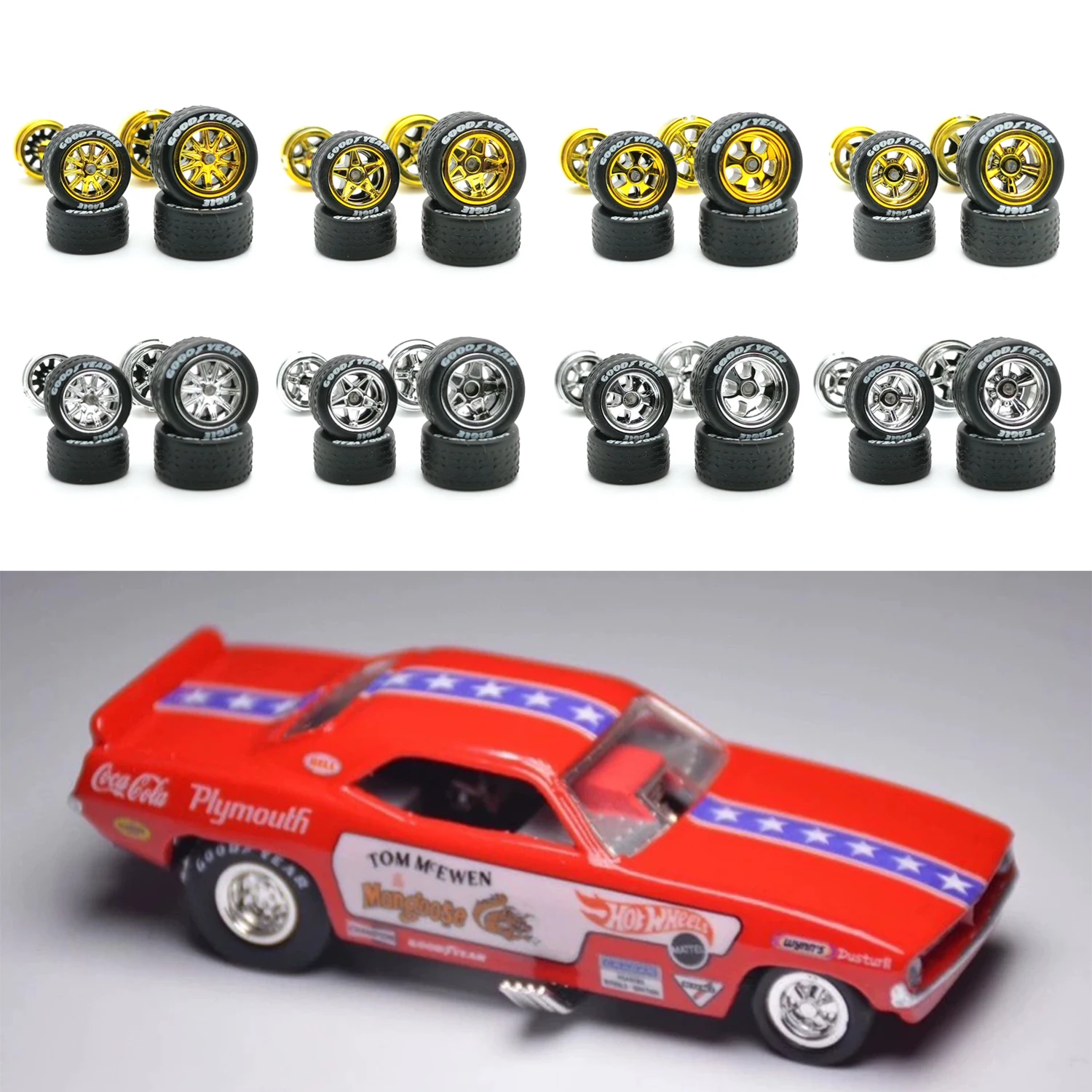 1/64 Wheels Rubber Tires Spoke Detail-up Modified Kit for 1:64 Hotwheels Model Car Toy Wheel Kit 4pc/bag