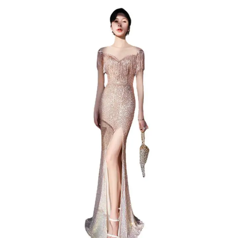 Shoulder Tassel Banquet EvEning Dress, Female AurA Queen, New Fishtail Host Slim Fitting Dress  Elegant stylish comfortable