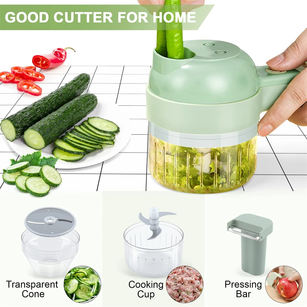 4 in 1 Handheld Electric Vegetable Cutter Set,Pcapzz Food Processor,USB  Rechargeable Vegetable Chopper Food Slicer with Cleaning Brush for Ginger  Peppers Onions 