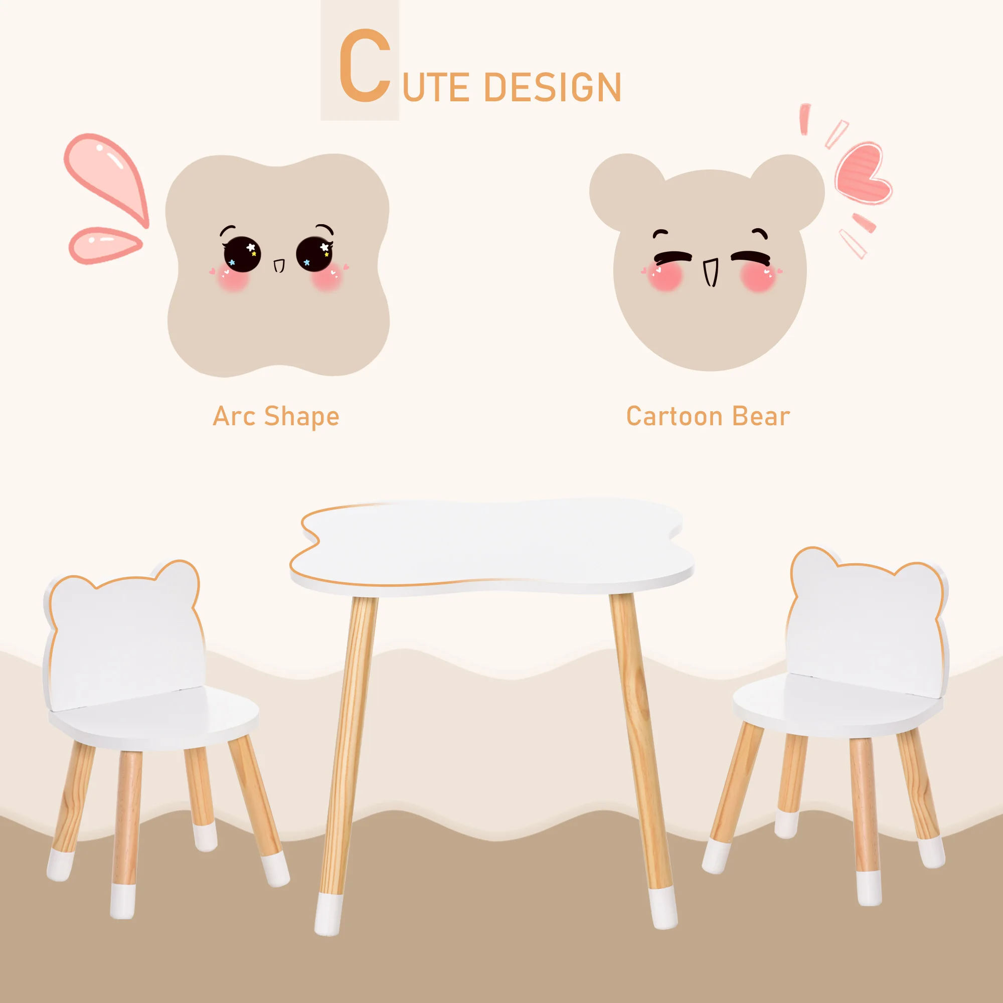 HOMCOM Kids Table and Chair Set, 3-Piece Set with 2 Bear-Shaped Chairs, for Playroom, Nursery, Living Room, White