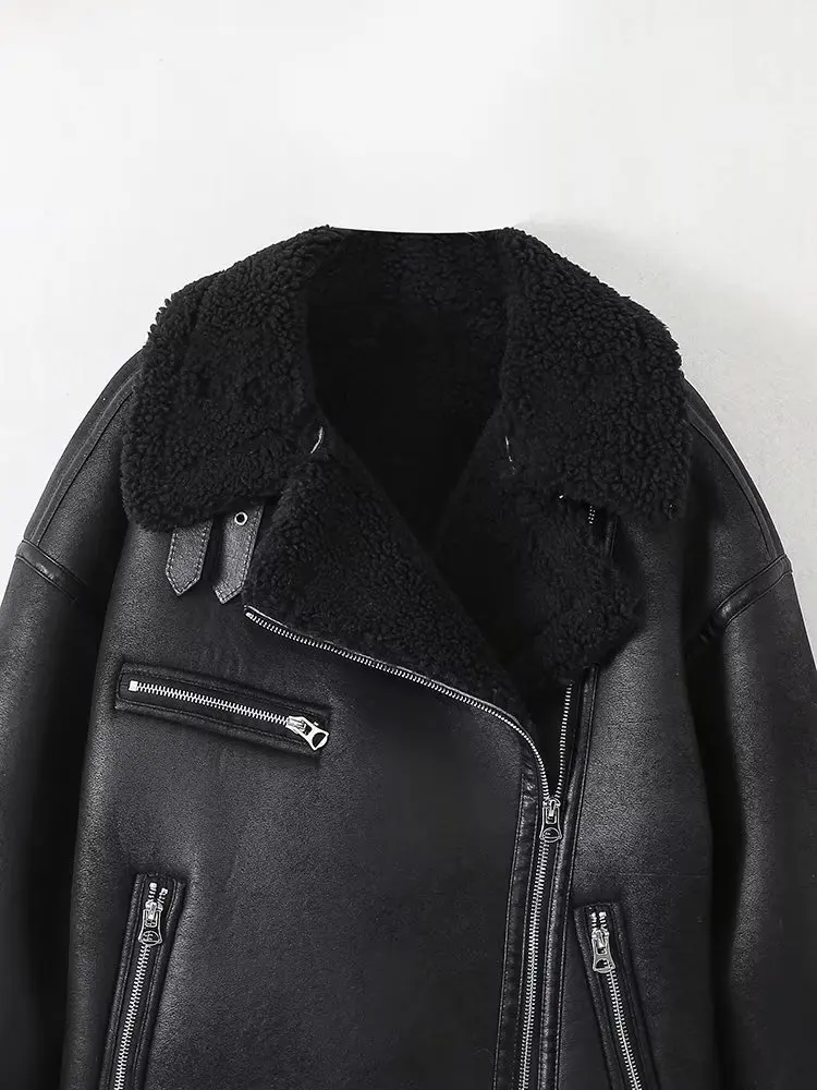 Withered British Plush Winter Warm Jacket Women Vintage Leather Jacket Zippers Coat Tops