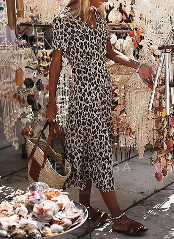 

Leopard Print V-neck Short Sleeves Versatile Commuting Daily Sexy Temperament Spring And Summer High-waisted Slim Midi Skirt