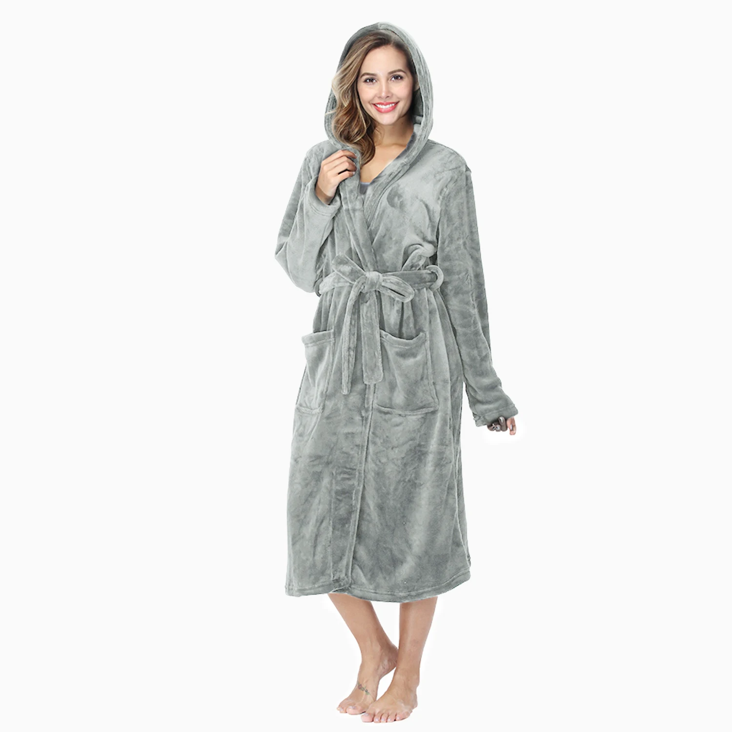 Womens Solid color Hooded Bathrobe Ladies Fleece Plush Warm Long Robes Fleece Nightgown Sleepwear-women sleepwear,sleepwear pajamas