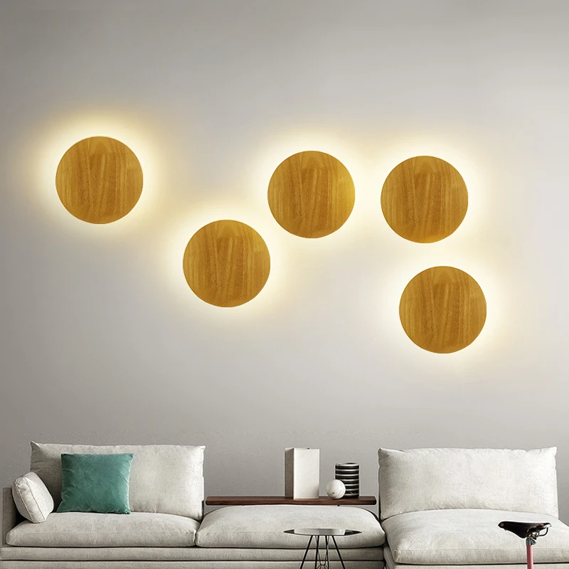 

Nordic Original Round LED Wall Lamp Modern LED Wooden Wall Lamp Personality Bedside Bedroom Stair Wall-mounted Light