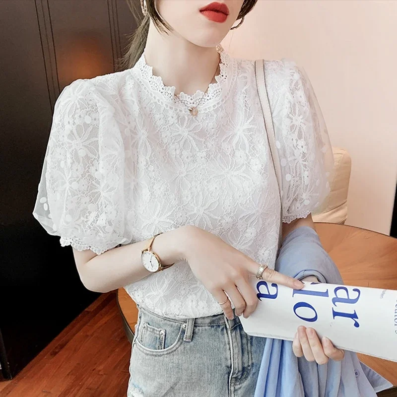 รูปสินค้า เสื้อลูกไม้แฟชั่นเกาหลี แขนพอง ชิลล์ๆ ฤดูร้อน