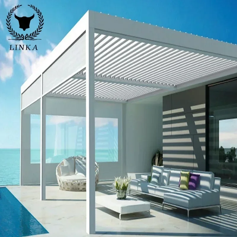 

Outdoor Garden Bilclimatic Pergolas kts 100% water proof and Sun shade with rain and light Sensors