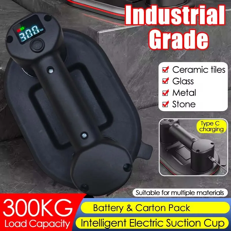 Smart Display Large Electric Vacuum Suction Cup 300KG Load Heavy-Duty Glass Tile Lifter 4000mAh Vacuum Suckers Lifting Tool