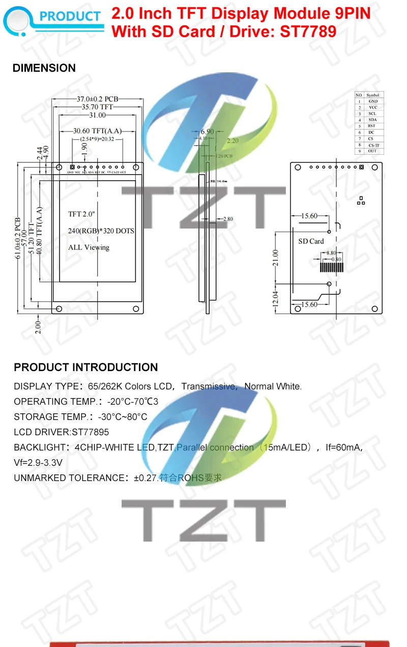 TZT 2,0 Zoll TFT Display OLED LCD Laufwerk IC ST7789V 240RGBx320 Dot-Matrix SPI Schnittstelle für Arduio Vollfarb-LCD-Anzeigemodul – Detail 1