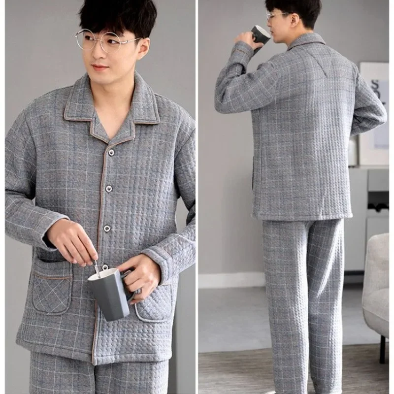 2024 New Autumn Winter Warm Air Cotton Sandwich Pajamas Men's Thick Pure Cotton Long-Sleeved Homewear Suit Cardigan Plus Size