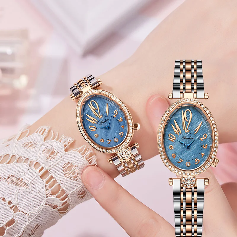 ساعة يد نسائية نسائية ماسية ذهبية من الفولاذ الذهب...