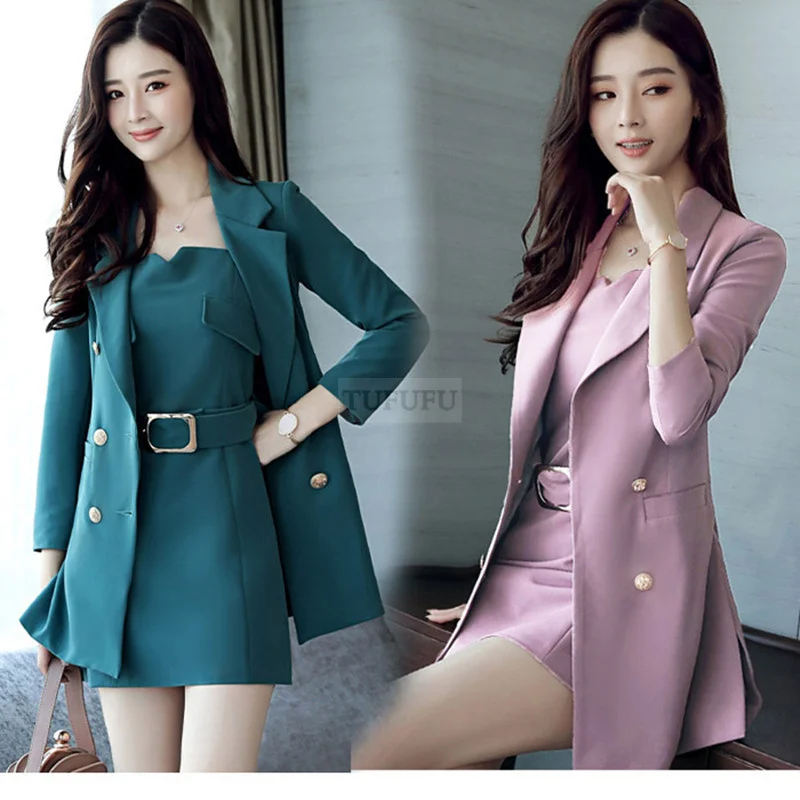 

Professional Dress Suit Women's Fashion Slim Fit Short Blazer Jacket Top Midi Pencil Dress Black White Office Lady Business Wear