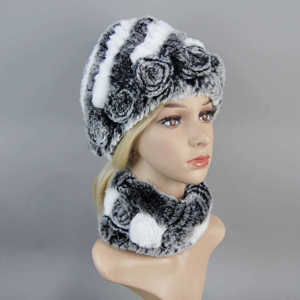 Hot Sale 2 Pieces Natural Rex Rabbit Fur Cap Scarves Women Warm Rex Rabbit Fur Hat Scarf Sets Winter Lady Knit Fur Hats Muffler 5