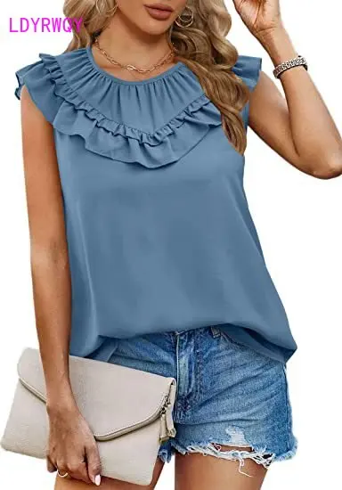 

2023 summer European and American women's new round neck pleated wood ear collage sleeveless T-shirt