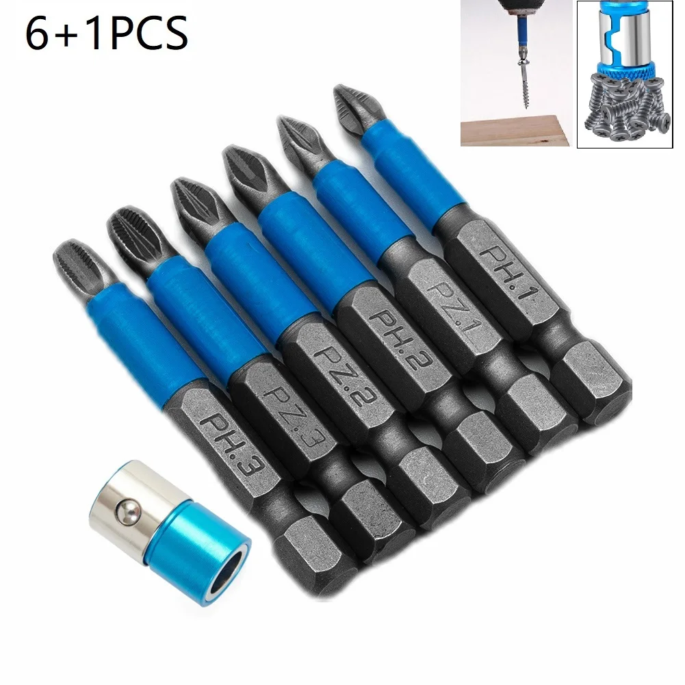 

6pcs Screwdriver Bits &1pc Magnetic Ring Set 1/4" Hex Shank Magnetic Cross Screw Head Anti Slip Electric Tip Driver Drill Set