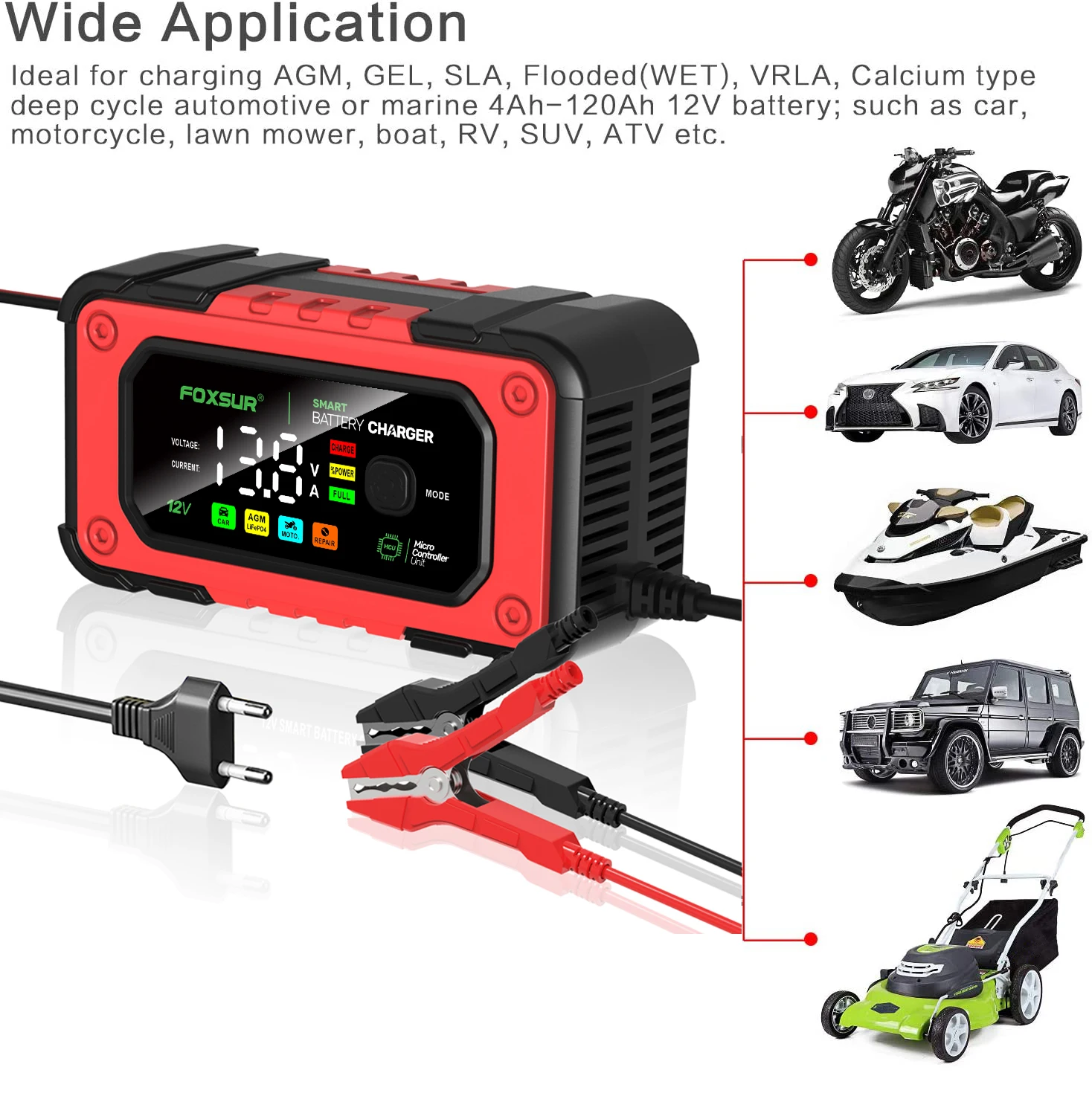 12V 7A 스마트 배터리 충전기, 납산 AGM LiFePO4 모토 배터리 자동차 오토바이 배터리 충전기, 자동차 범용 수리용