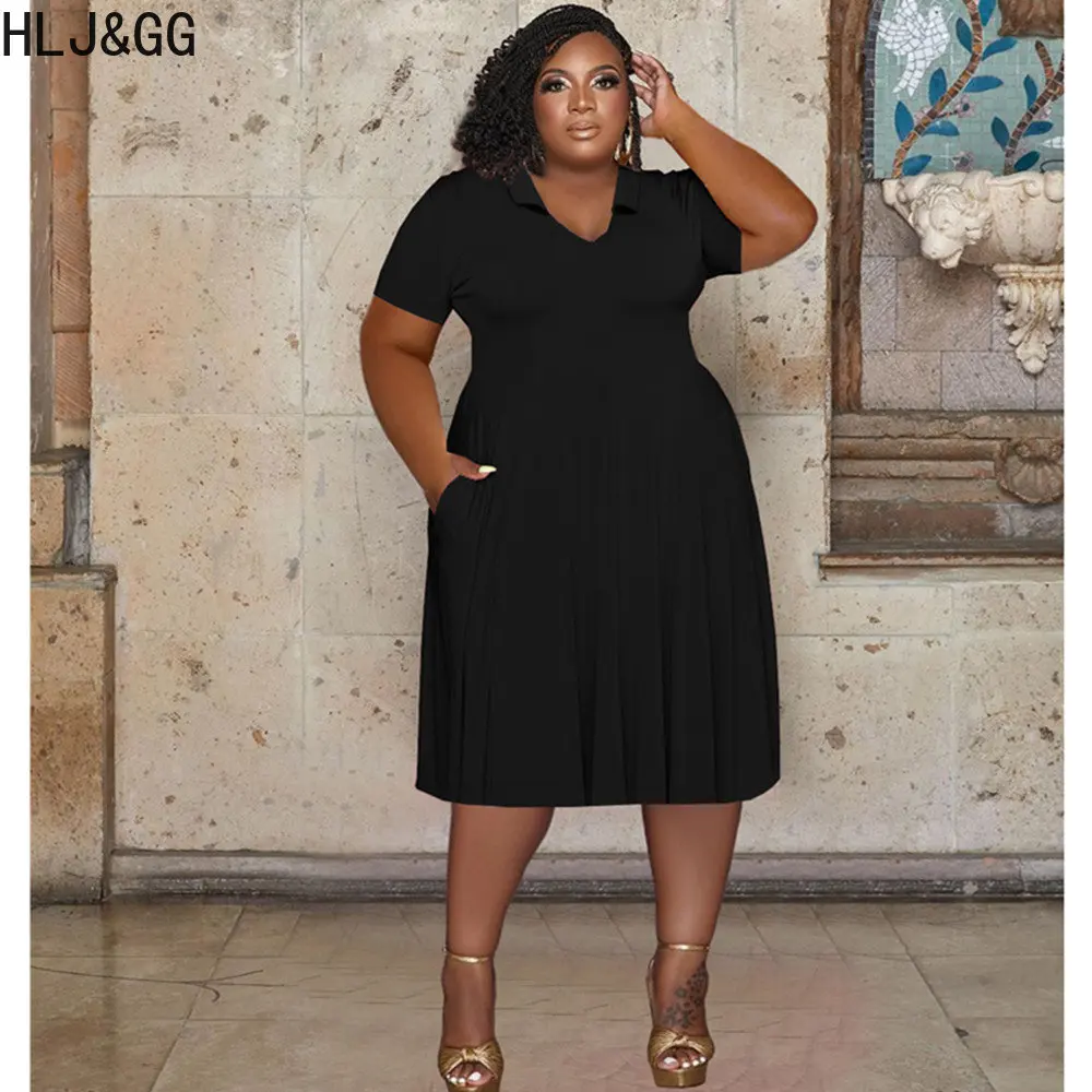 HLJ&GG Women Plus Size Clothing XL-5XL Casual V Neck Short Sleeve A-line  Dresses Female Solid Color With Pocket Vestidos 2023