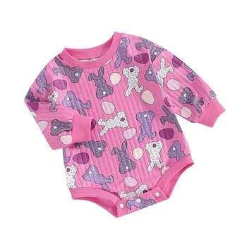Baby Girls Romper Long Sleeve Crew Neck Rabbit Eggs Print Fall Bodysuit Easter Clothes