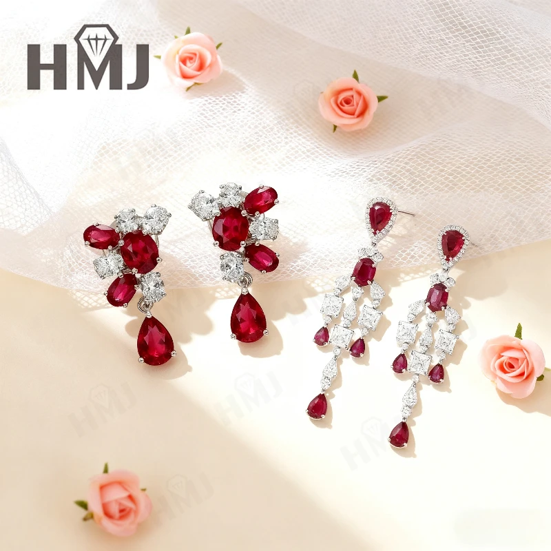 Maßgefertigte Ohrringe Moissanit/Labor-Rubin Vergoldetes Silber D-Farbe VVS1 Feiner Schmuck Jubiläums- und Muttertagsgeschenke für Sie – Detail 4