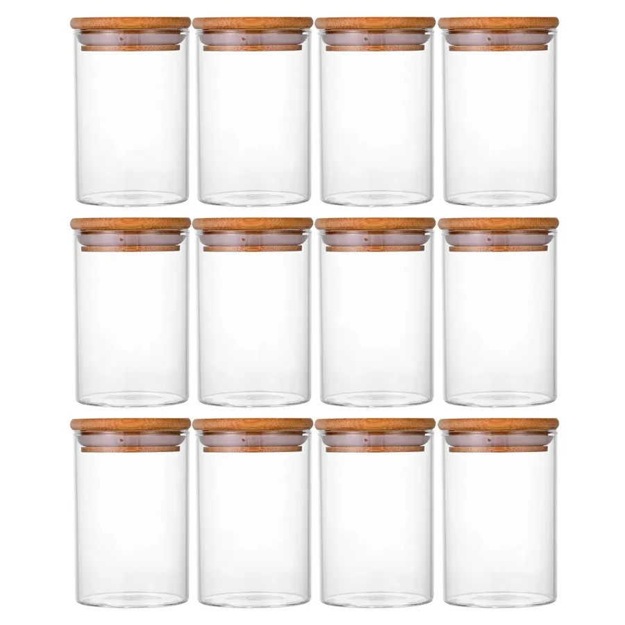 12 Pcs Round Spice Jars Glass Storage Jars with Bamboo Lids Stickers Candy Jars Coffee Jars Salt Jars Pepper Jars Tea Jars 4