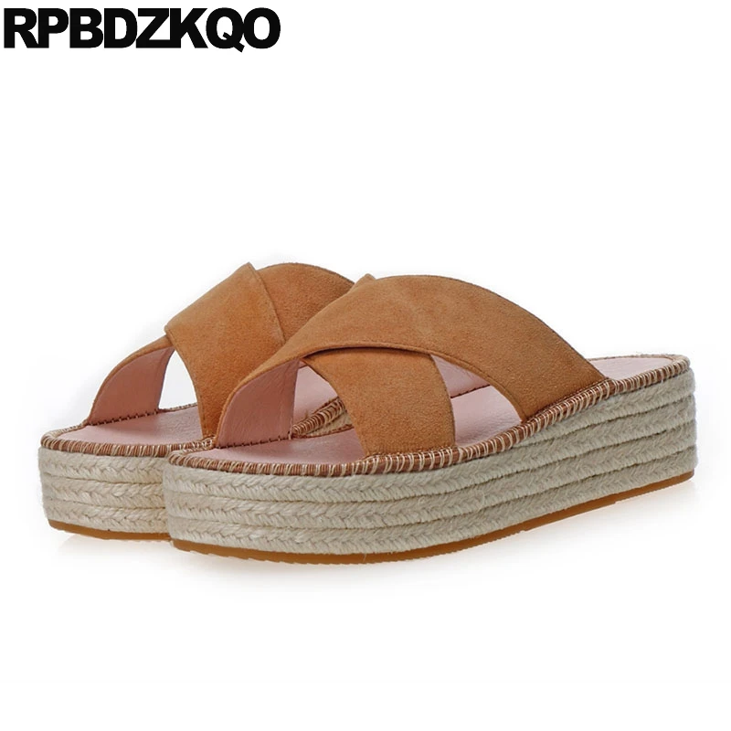 

Nubuck Small Size Slides Open Toe Hemp Women Wedges Espadrilles Medium Heel Rope Platform 33 Straw Slippers Pumps Sandals Shoes