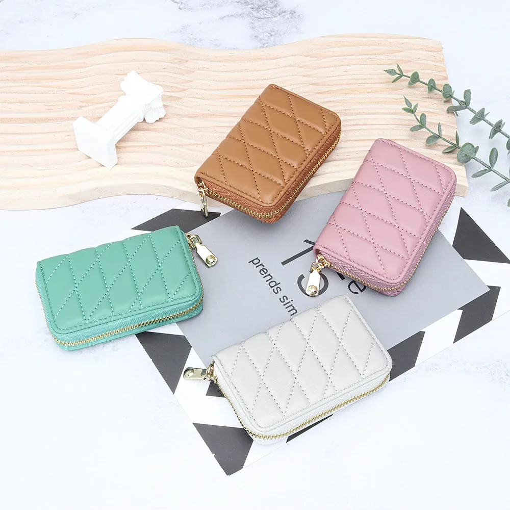 Sheepskin Credit Card Holder Small Wallet Business Cardholder Women Men Leather Zipper Around Organ Card Case