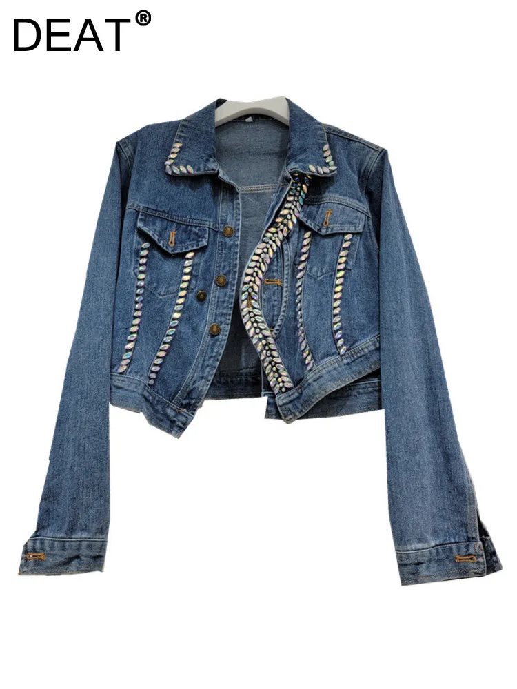 

DEAT Women's Denim Coats Splicing Asymmetry Crystal Diamonds Single Breasted Female Jackets 2024 Spring New Fashion 29L6791