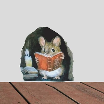 Autocollant Mural de lecture de souris de dessin animé, décoration murale pour chambre d'enfants, papier peint amovible pour salon et chambre à coucher, autocollants de Rats amusants 1