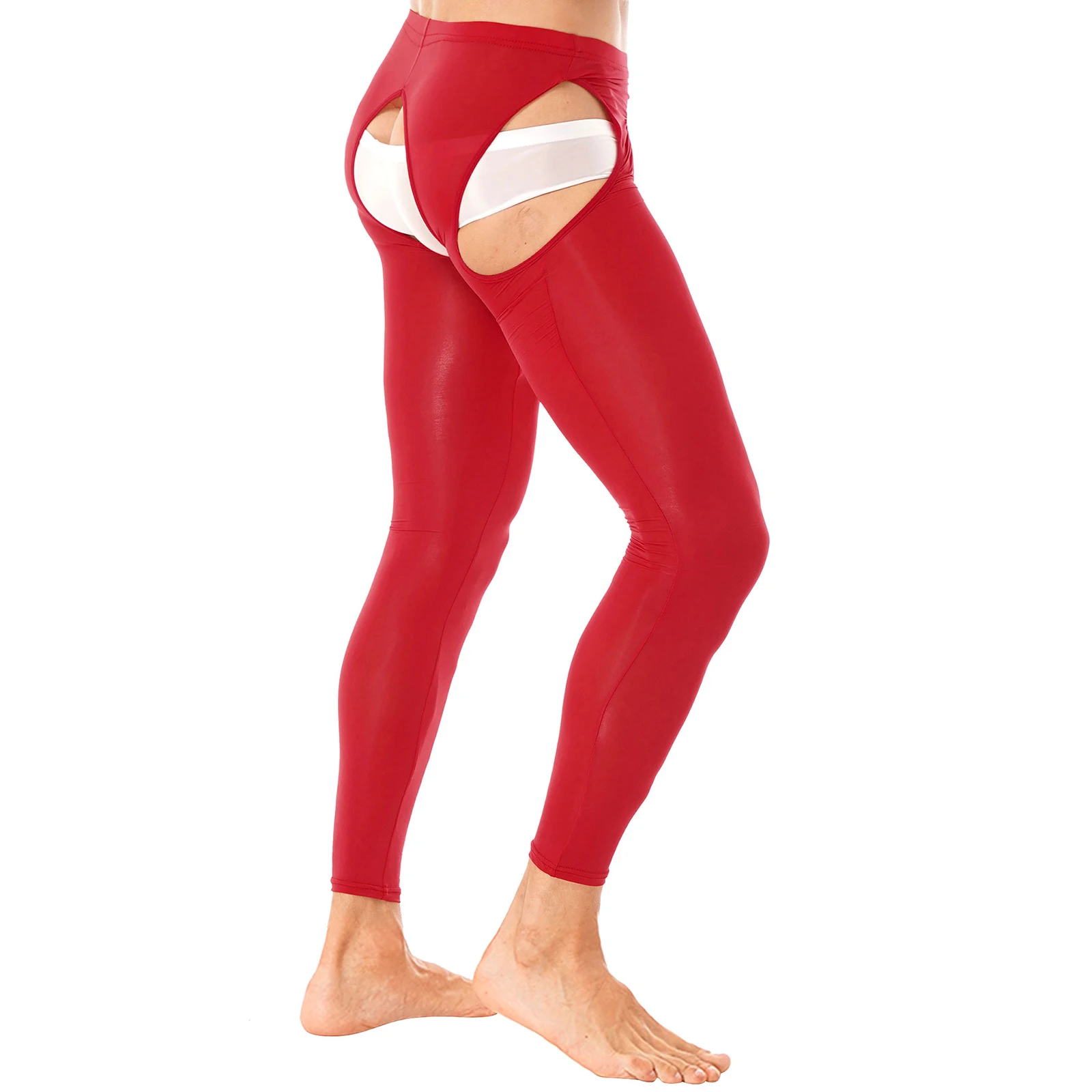 Sexy Mens Lingerie Open Crotch Skinny Pants Underwear Hollow Out Stretchy Crotchless Leggings Glossy Elastic Waistband Nightwear