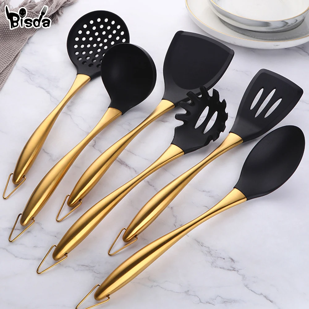 1-7PCS Cooking Tools Set Soup Scoop Slotted Spoon Turner Ladle Stainless Steel Silicone Head Hanging Kitchen Server Pot