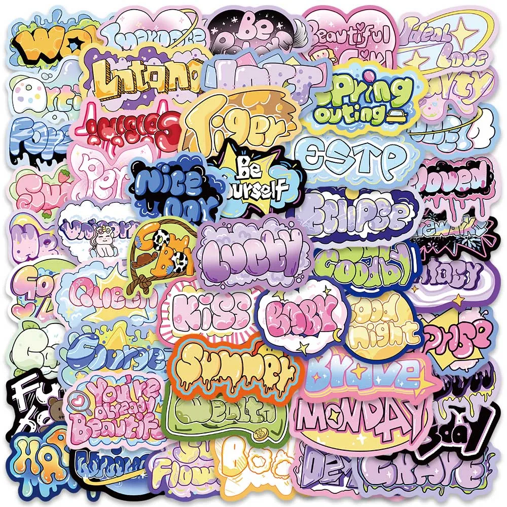 50pcs Colorful Funny Cute Cartoon Bubble Words Stickers For Laptop Luggage Guitar Skateboard Waterproof Graffiti Vinyl Decals