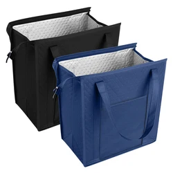 Enhanced Insulated Grocery Tote with Zipper & Front Pocket - Keeps Items Cool or Warm (Black and blue)