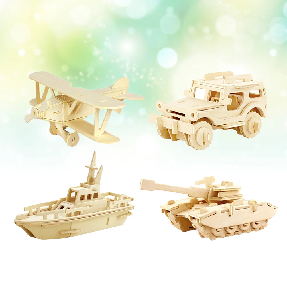 

4pcs 3D Wooden Puzzles Educational Toy Wooden 3D Jigsaw Tank Air Defense Missile Vehicle Puzzle for Kids and Adults