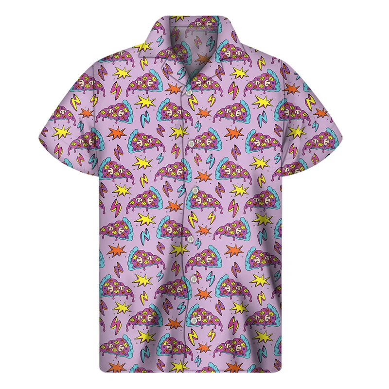Camisas hawaianas con estampado 3D de pizza de dibujos animados para hombre, camisa de verano con botones de solapa, blusa holgada de manga corta para calle