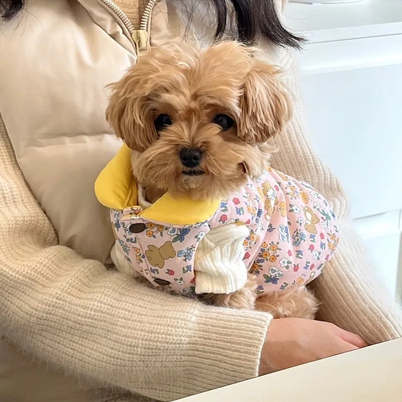 몰타 핑크 작은 곰 다운 재킷 애완동물 보온 코튼 코트 두꺼운 꽃무늬 강아지 조..