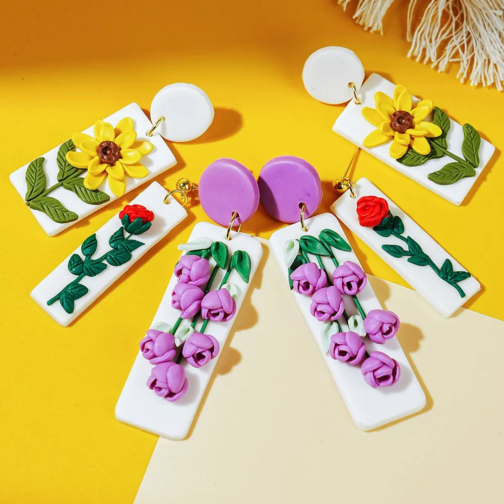 Sweet 3D Rose Flower Sunflower Handmade Polymer Clay Dangle