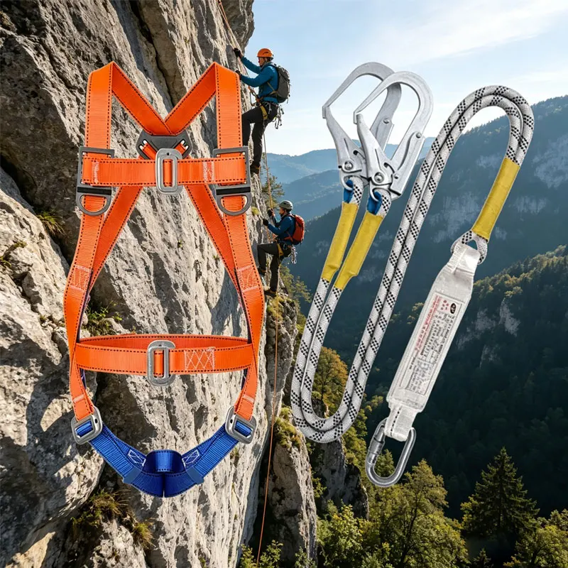 Professional Fall Arrest Safety Harness System with Double Hook Lanyard