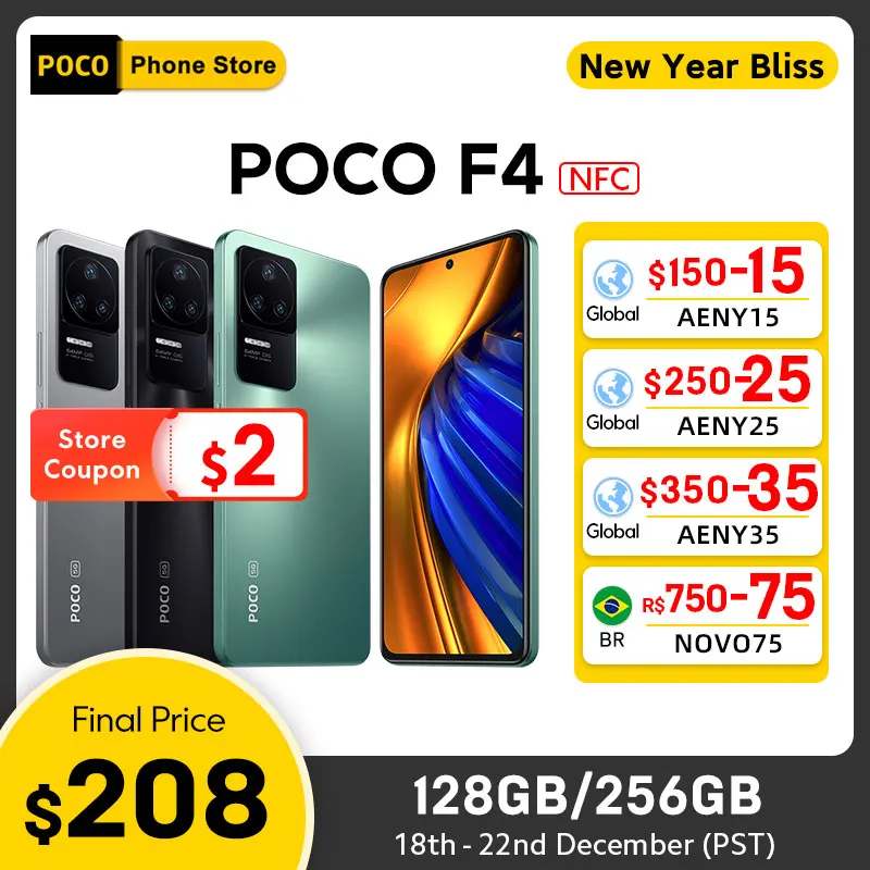 POCO F4 Versão Global 6GB 128GB/8GB 256GB Snapdragon 870 Octa Core 67W Carregamento 120Hz 64MP Câmera Tripla NFC 5G