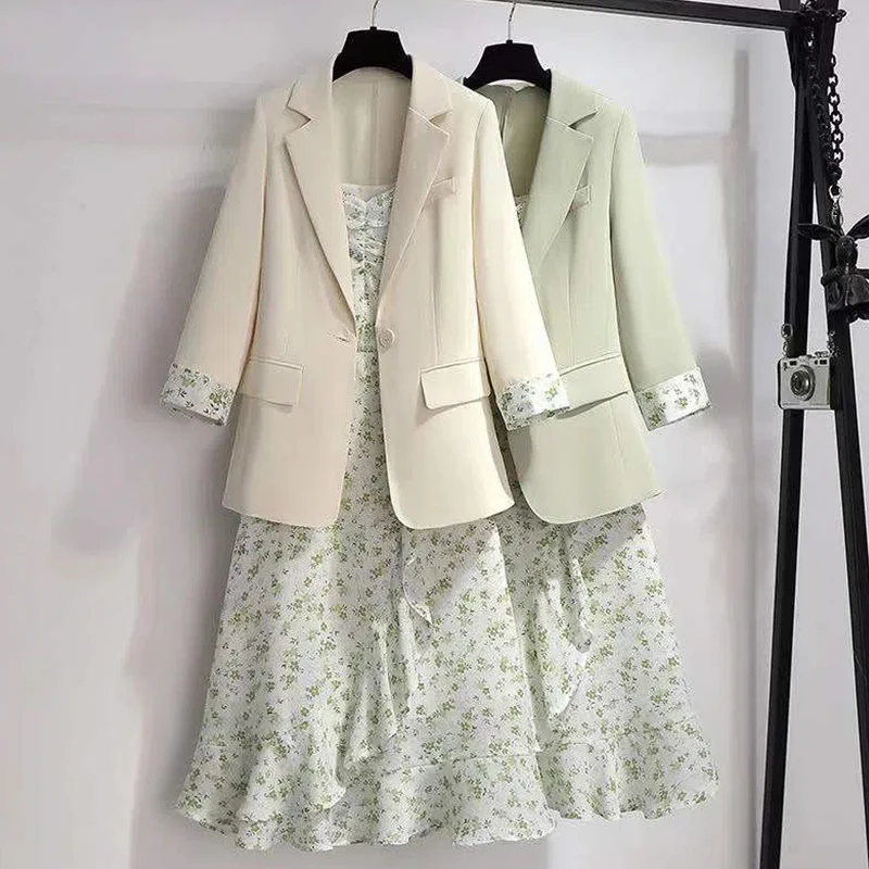 Green women's suit jacket new high-end design sense niche temperament thin suspender floral dress versatile two-piece suit skirt