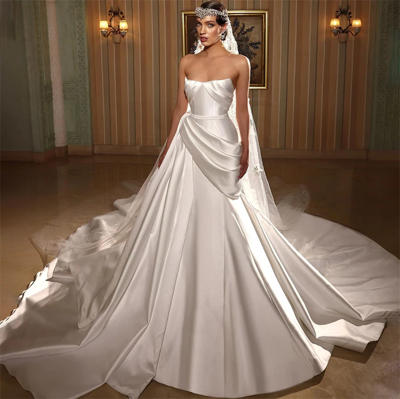 

Nersesyan White Satin Princess Wedding Dresses Sleeveless A Line Draped Bride Gowns High Waist Pleated Royal Train Bridal Dress