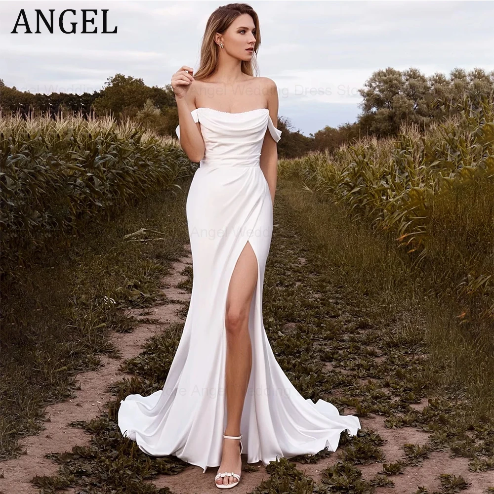 

ANGEL Sexy Mermaid Strapless White Wedding Dress With High Side Split Off The Shoulder Beach Backless Bride Gown Robe de mariée