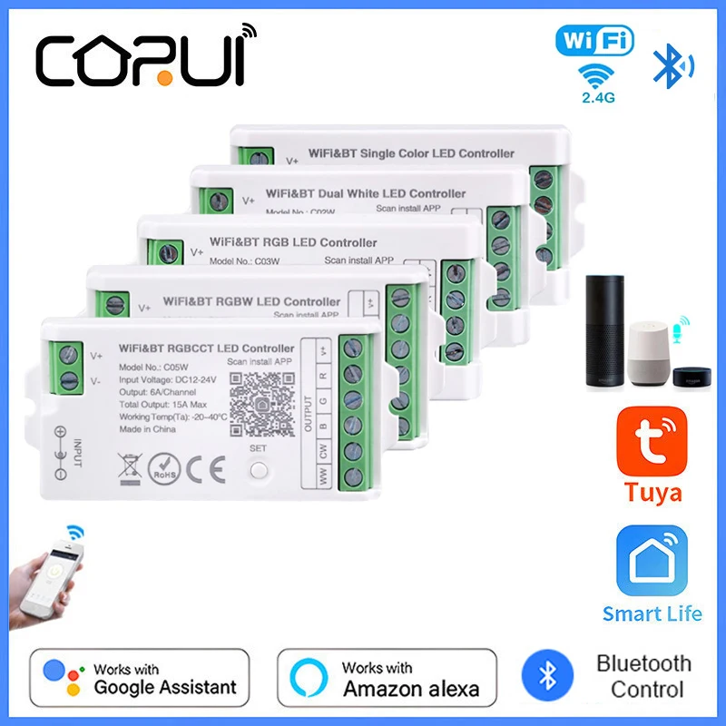 

CoRui Tuya WiFi LED Controller RGB RGBW CCT LED Strip Controller APP BT RF Remote Voice Control 2.4G DC12V-24V Alexa Google Home