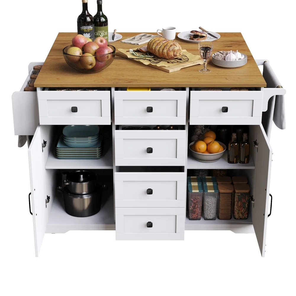 Hochwertige Kücheninsel, mit Holzgitter und großem Stauraum, mobiler Buffetschrank, Küchenwagen für Esszimmer und Wohnzimmer – Detail 36