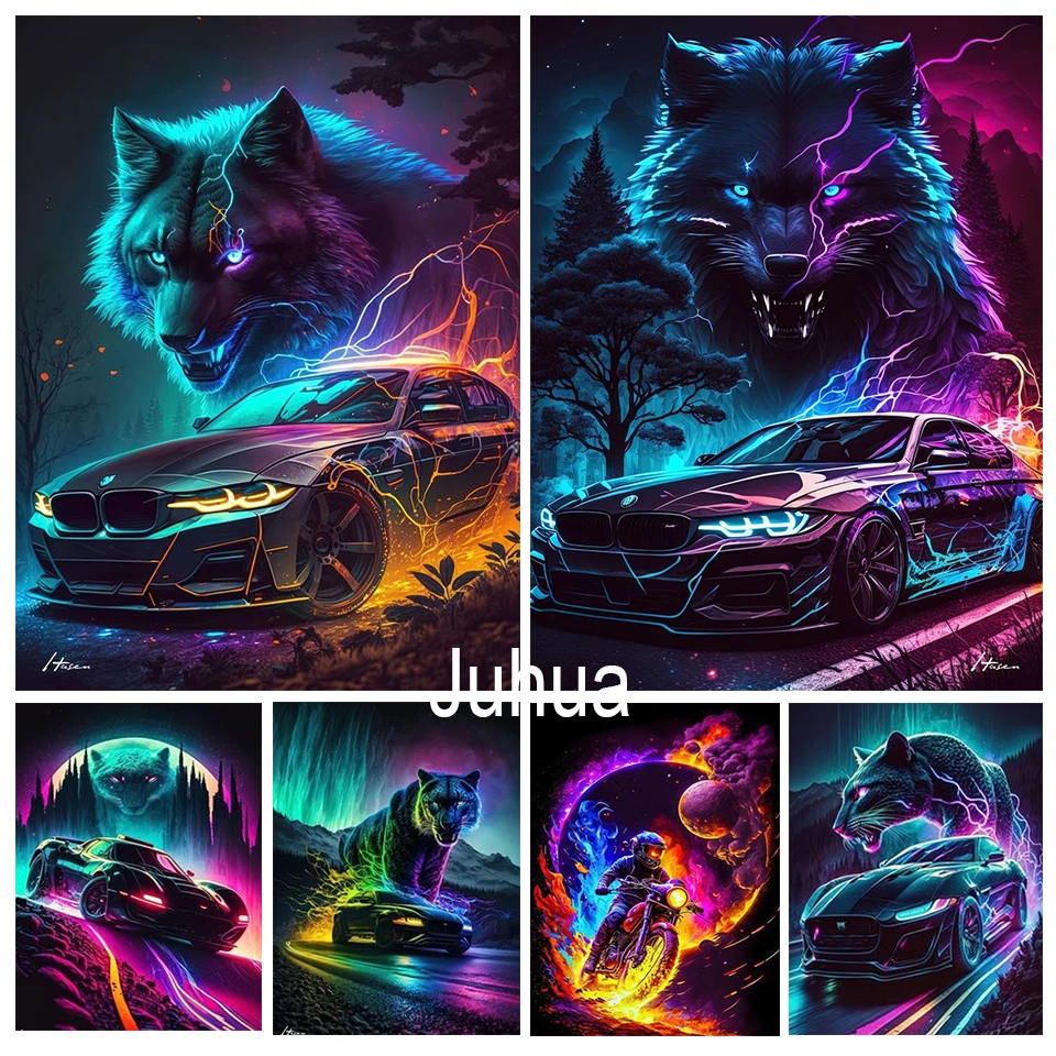 Neon Speed Panther And Car Diamond Painting Kit 5D Fai Da Te Trapano Completo Mosaico Punto Croce Animale Regalo Fatto A Mano 2023 Nuovo Arredamento P