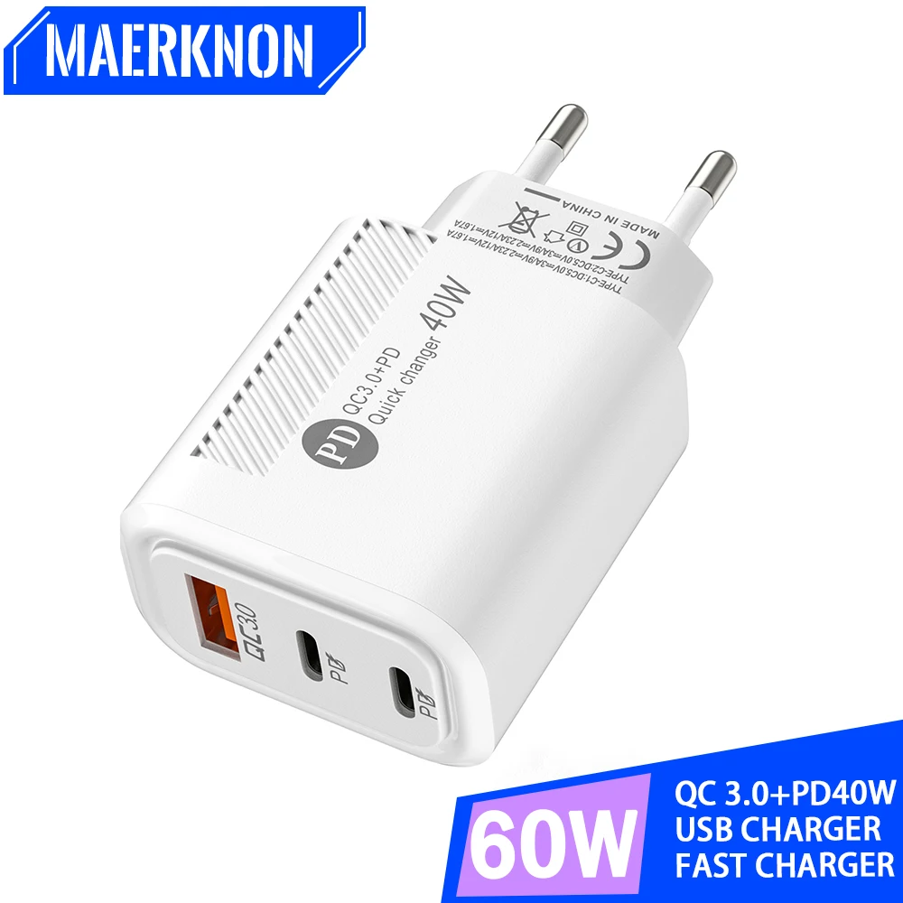 

60W 3 Ports USB C Charger Quick Charge 3.0 PD Type C Fast Wall Charger For iPhone Xiaomi Samsung Huawei EU/US Plug Phone Adapter