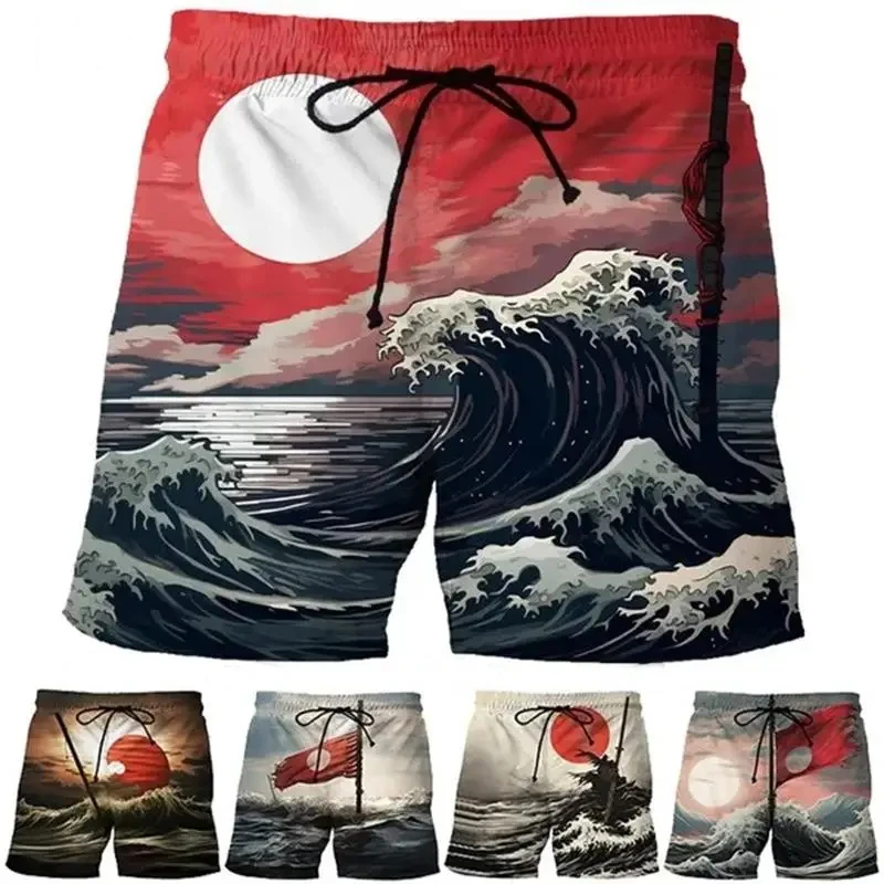 

Sunrise Ocean Wave Ink Painting Japanese Style Short Pants Men's 3D Print Hawaiian Shorts 2024 Gym Trunks Cool Kids Ice Shorts