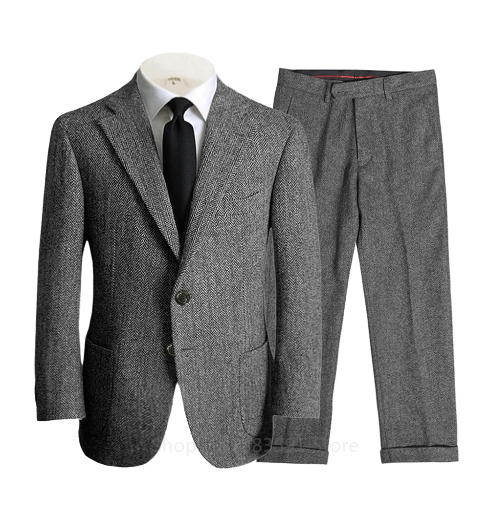 Latest Men's 2 Pieces Suit Custom made Wool Herringbone Wedding Groomsmen Fashion Shawl Lapel Tuxedos Slim Fit Blazer+Pants 3