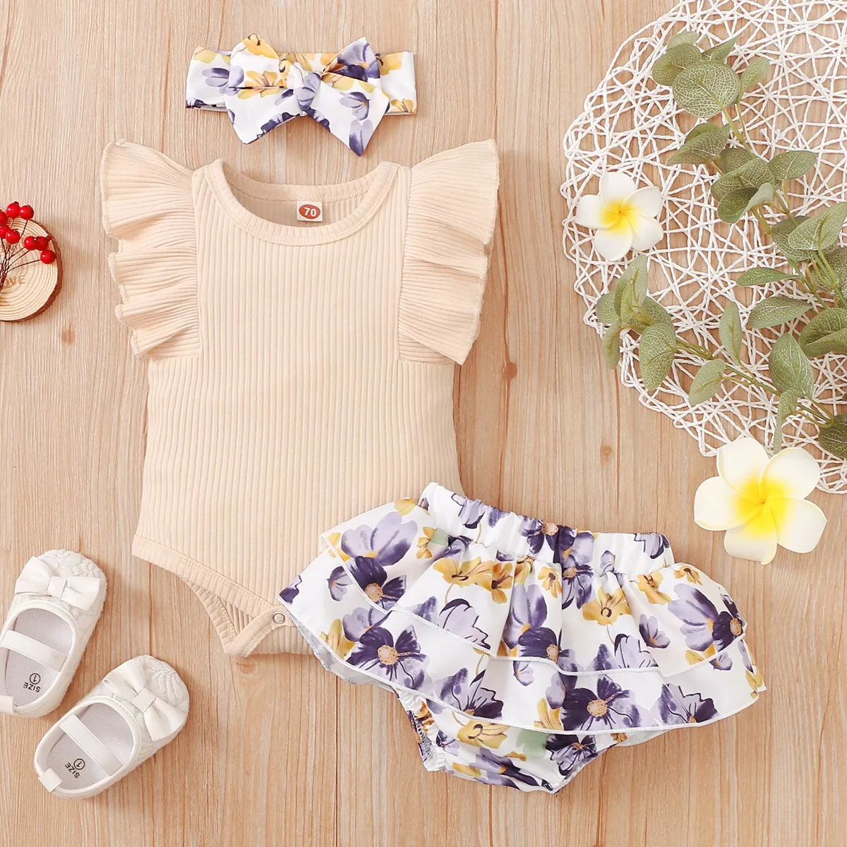 Baby Clothing Set discount hibobi Baby Girl Clothes Set Flower Print Girls Ruffle-sleeve Romper Summer Bodysuit Floral Pattern Shorts Headband Set 3Pcs small baby clothing set	