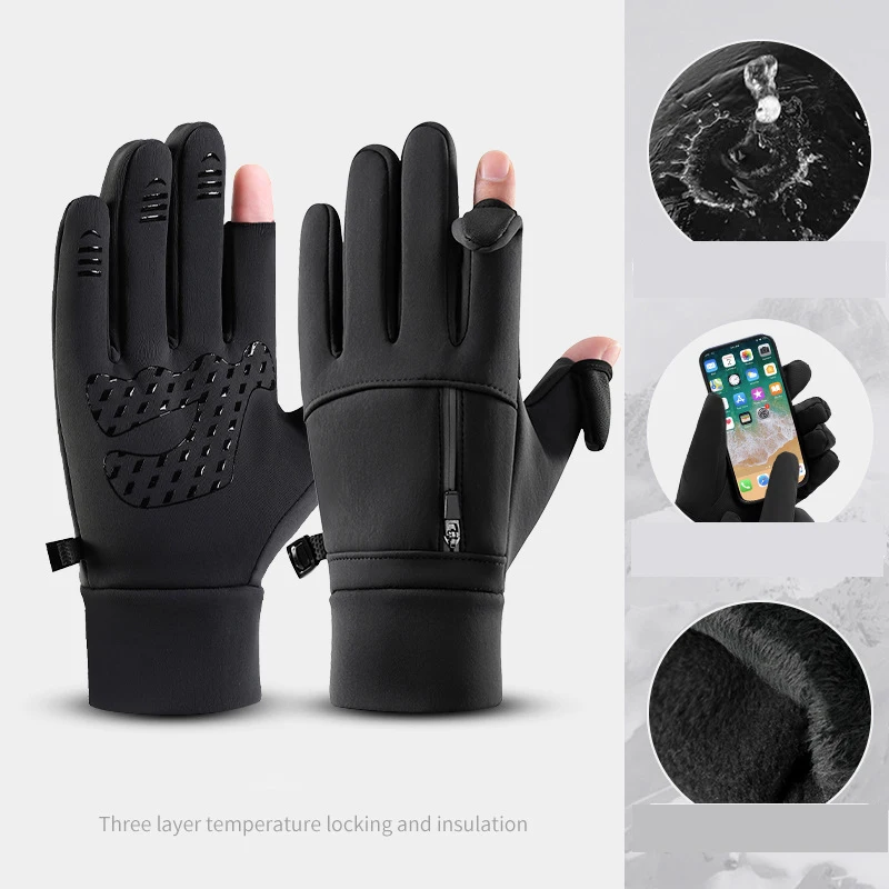 Winter Cycling Gloves Windproof Men Women Touchscreen Warm Motorcycle Water-Repellent Zipper Pocket Fingertip Flip