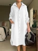 2025 Summer Fashion New Women's Dress Cotton Hemp Shirt Long Skirt Fashion Casual Long Sleeve Cardigan Commuter Dress